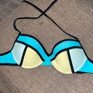 Blue and yellow swimsuit top